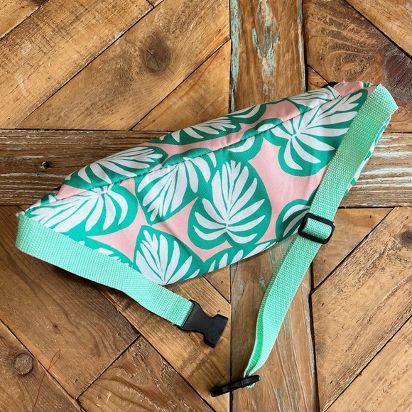 Tropical Pink and Green Leaf Print Cooler Fanny Pack - Picture 2 of 3
